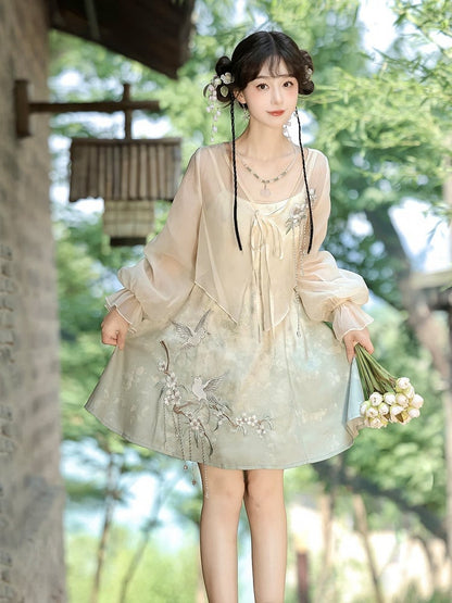 Sheer Top Set with Light Green Sleeveless Dress, Floral and Bird Embroidery, Modern Chinese Style - Han Ru Chu Hanfu &amp; Han-Element Studi