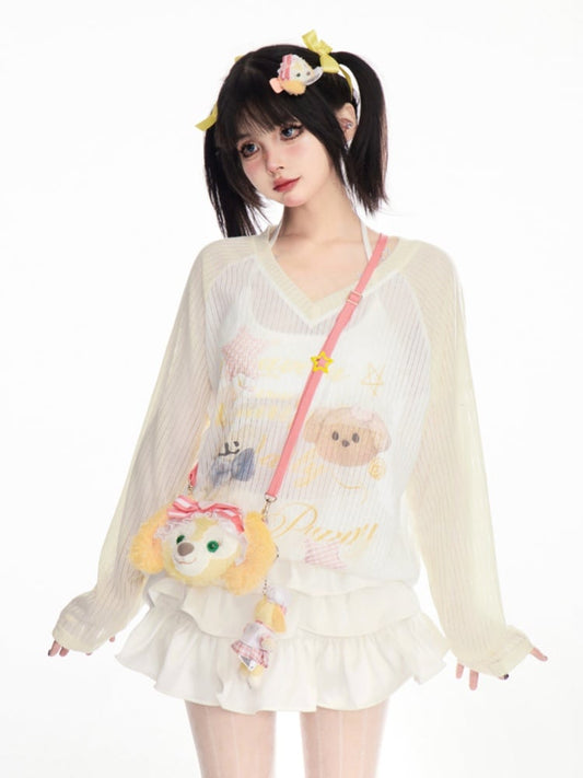 イエローのセミシアーカバーアップデザイン ベアプリント Vネック キュートカラーブロック