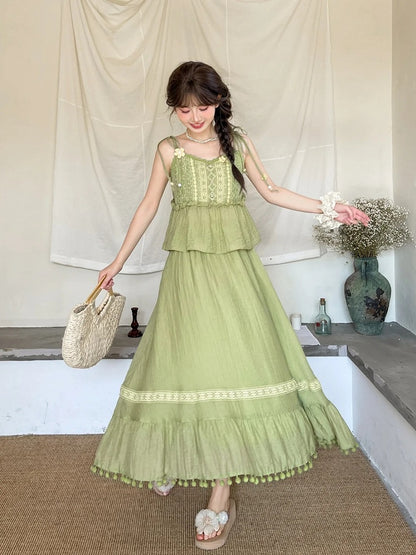 レーススカート Aライントリム モリケイ グリーン ポンポン タッセルヘム