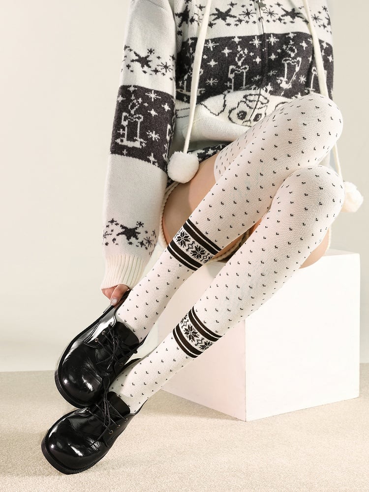Over Dot White/Black Pattern and Knee Stockings Polka Warm Snowflake