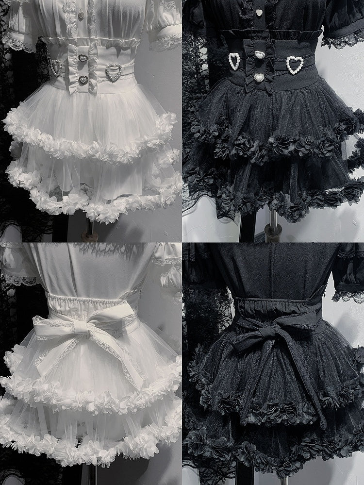 Black Tiered Back / Skirt Jirai Ties Kei Mesh and Beaded White Sweetheart with