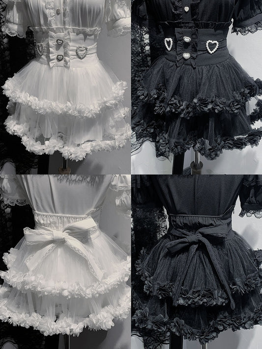 Black Tiered Back / Skirt Jirai Ties Kei Mesh and Beaded White Sweetheart with