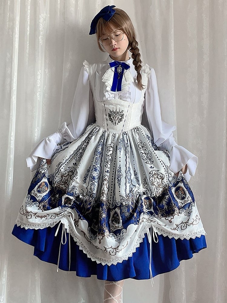 Tie and Long-sleeved Placket Lolita Jabot White with Blouse Ruffled