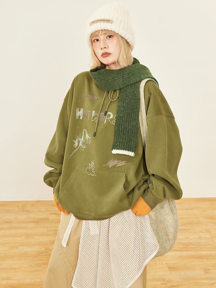 Sweat-shirt mignon à capuche avec poche avant - Imprimé à capuche vintage vert à cordon de serrage et poche kangourou