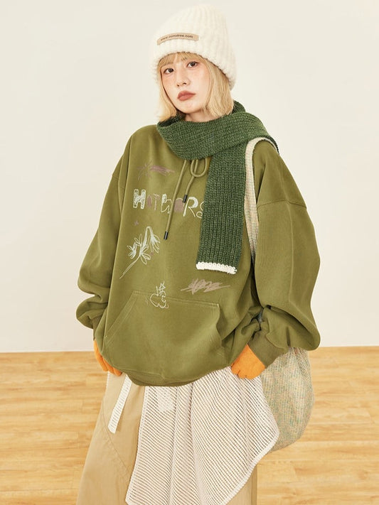 Front Pocket Cute Pullover - Hoodie Print Hood Vintage Green Drawstring Pouch