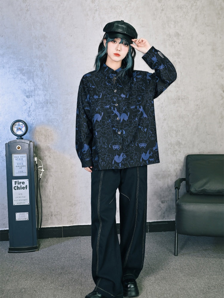 Kitty Print Black Long-Sleeve Shirt with Shell Buttons - Quirky Hut