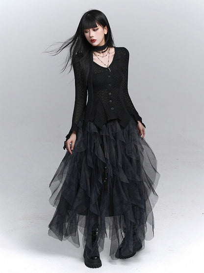 Hem Gothic Neck Irregular Strap with Cardigan Black Knit