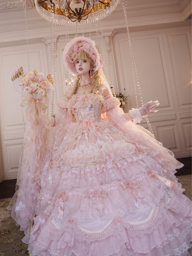 Length Wedding Floral and Lolita Gorgeous Sizes Dress Floor Chain Pink Available Hanayome Bead Plus Hime