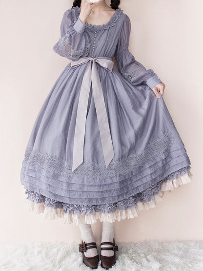 Purple Square Neck Classic Lolita Long Sleeve OP
