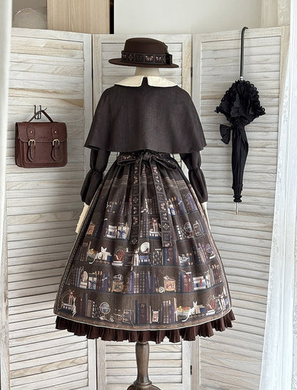 Dark Brown Bookshelf Print Long Sleeve Lolita Dress Cape - Miss Point