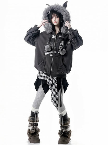 Trim Accents Hooded Grey Ear Spiderweb Hood Prints Plush Jacket with - Bittersweet Wolf