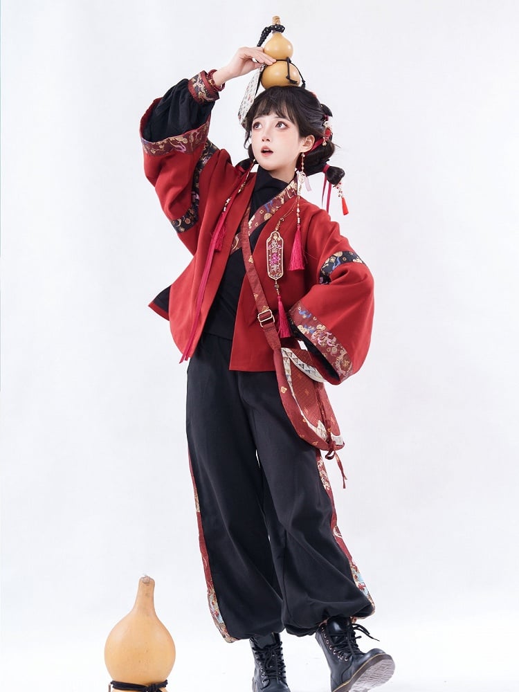 Chinese Style Black Red Chinoiserie Shirt Pants Outerwear Set - Zao Jing Ji