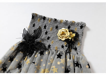 Kleid Balletcore Stufenrock aus Netzstoff, trägerlos, Grau/Asche