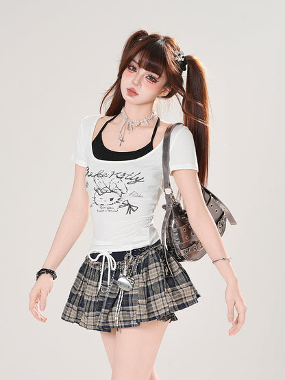 Black Drawstring Waist Mini Plaid Skirt