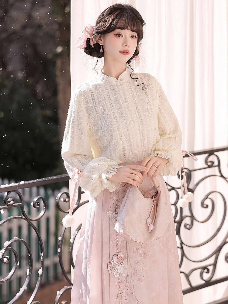 Bow-Adorned White Han-Element Lace-Patterned Top - Han Ru Chu Hanfu &amp; Han-Element Studi