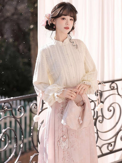 Bow-Adorned White Han-Element Lace-Patterned Top - Han Ru Chu Hanfu &amp; Han-Element Studi
