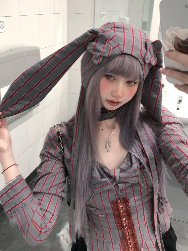 Red Chin Striped Strap Hat Ear Bunny with Grey