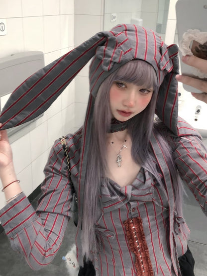 Red Chin Striped Strap Hat Ear Bunny with Grey