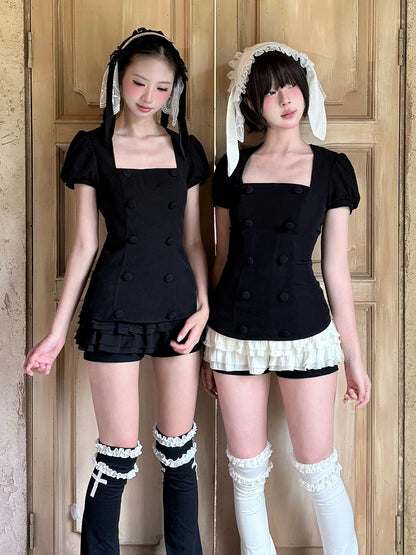 Black Square Neck Puff Sleeve Top with Double Breasted Detail - Damn Girl