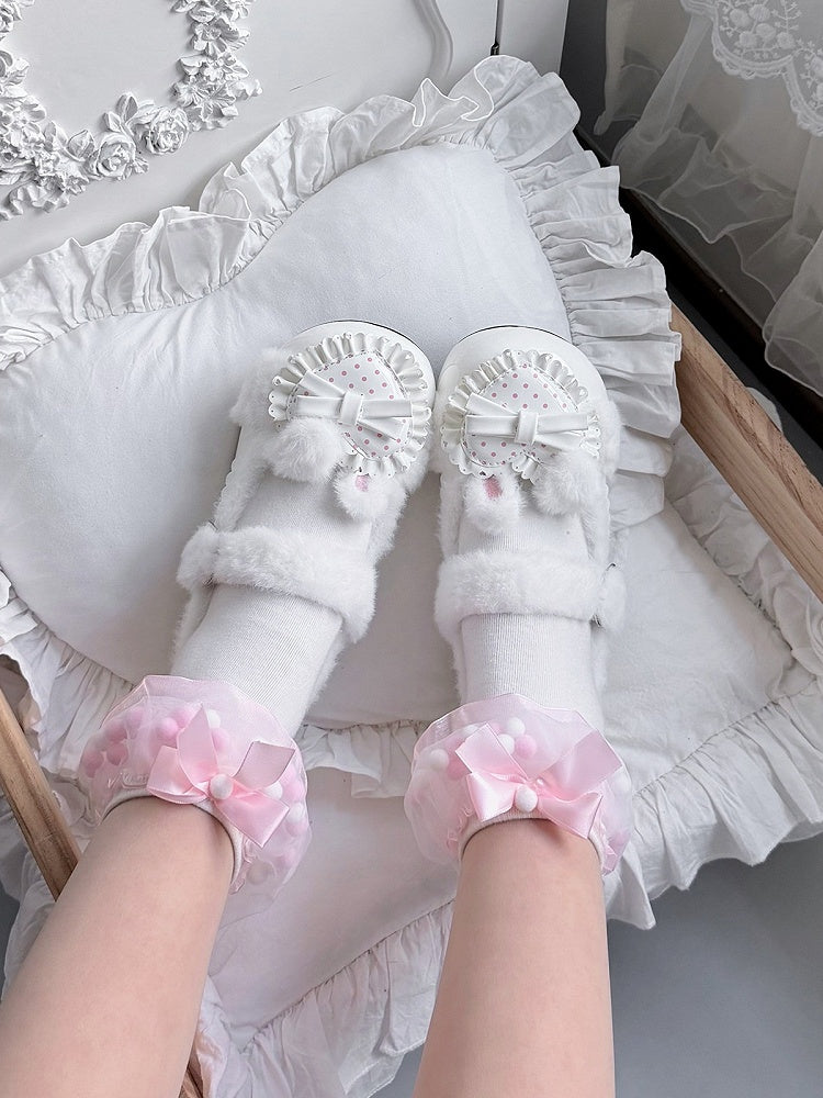 Fluffy Fur Heart-Adorned Winter Bunny Lolita Footwear - Cute Bunny
