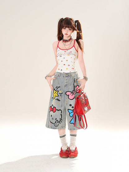 ホワイトのキュートなスリムフィットプリントキャミソールトップス、コントラストレッドトリム