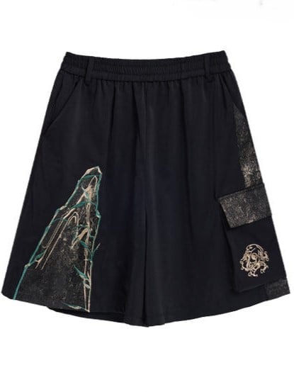 Chinese Embroidery Patchwork Black Shorts - Qing Tang Original