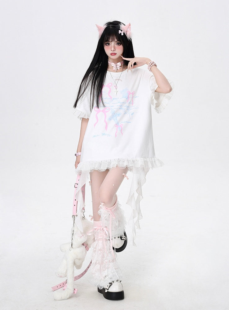 Bowknots Print Loose with Cascading Ruffle Accents Bittersweet T-Shirt White