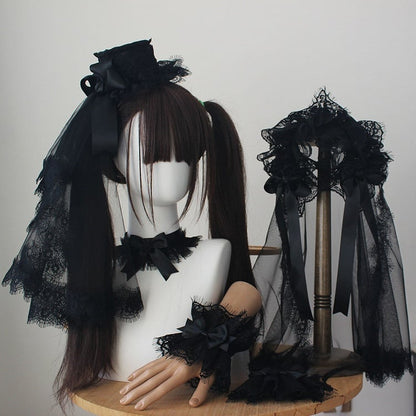 (Mini Kuro Choker) Hat+Veil Wrist Lolita Accessory Cuffs Full Set +