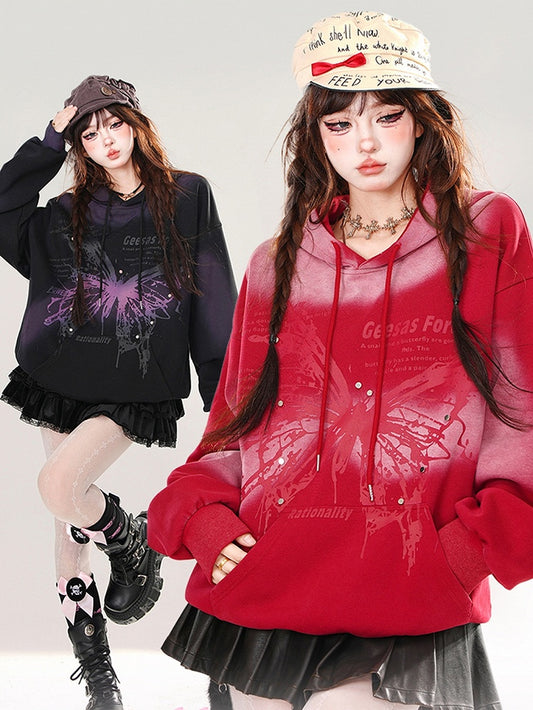 Black/Red Butterfly Tie Dye Loose Hoodie