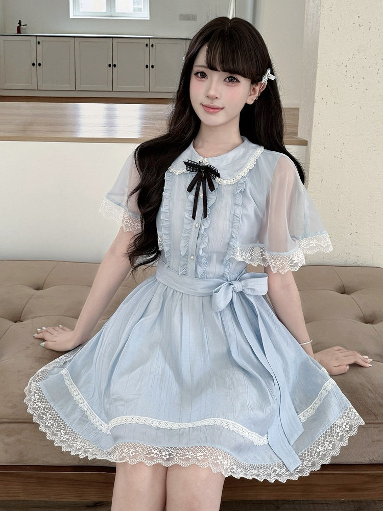 Blue Tulle Cape Peter Pan Collar Dress with Bow Tie Seiso Style - LA LA JK