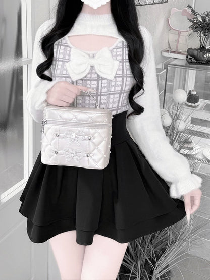 Open-Bust Sweater Plush Decorative Gray in Landmine Bow Mink with Style Plaid