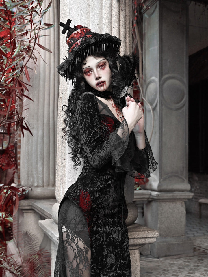 Flügel Romantischer Samt und geformter Spitzenausschnitt Fledermaus Vampirkleid Goth Meerjungfrau