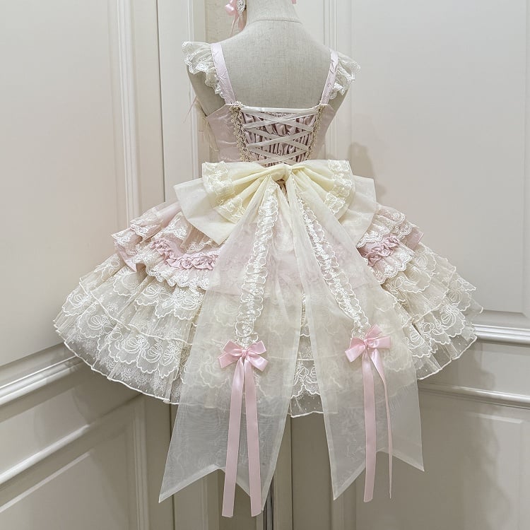 / Multi-Layer Ballet-Style Large Cute Only JSK Dress with Lace Train + Skirt Bow Details Pink Princess Ribbon