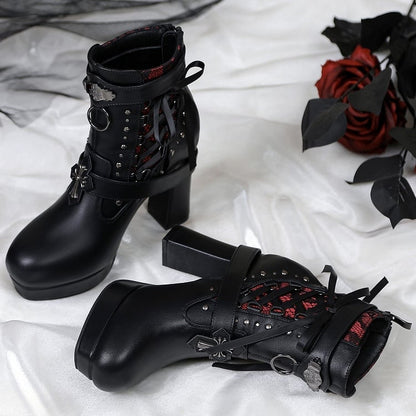 Gothic Lacing Crisscross Studded System PU Dual Black Fastening Boots Details - with High-heel Ankle