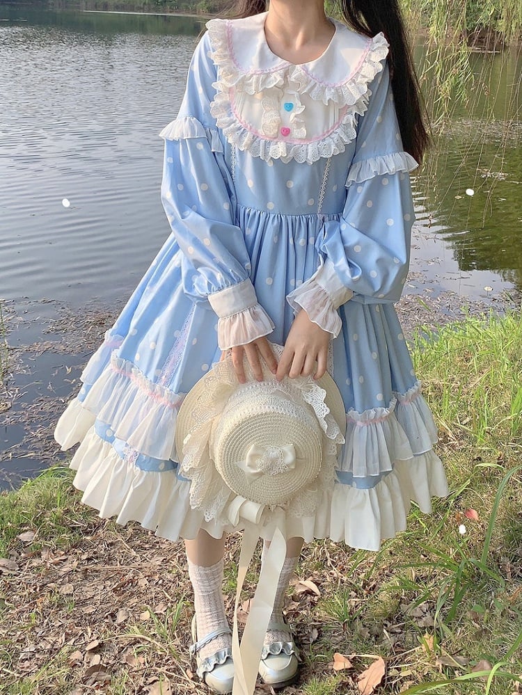 Lolita Long Sleeve Ruffle OP Blue Fresh Dot Dress Details with Polka