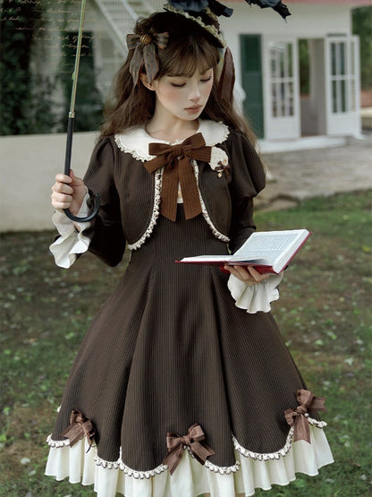 OP Boned Two-Piece Fake Cute Brown Long-Sleeve Lolita Dress