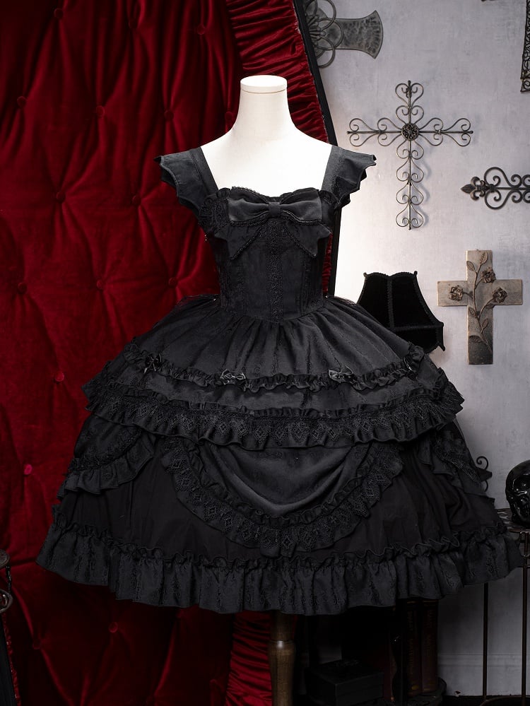 with Black Gothic Lolita Straps Dress Jacquard Shoulder Bat-wing Curved