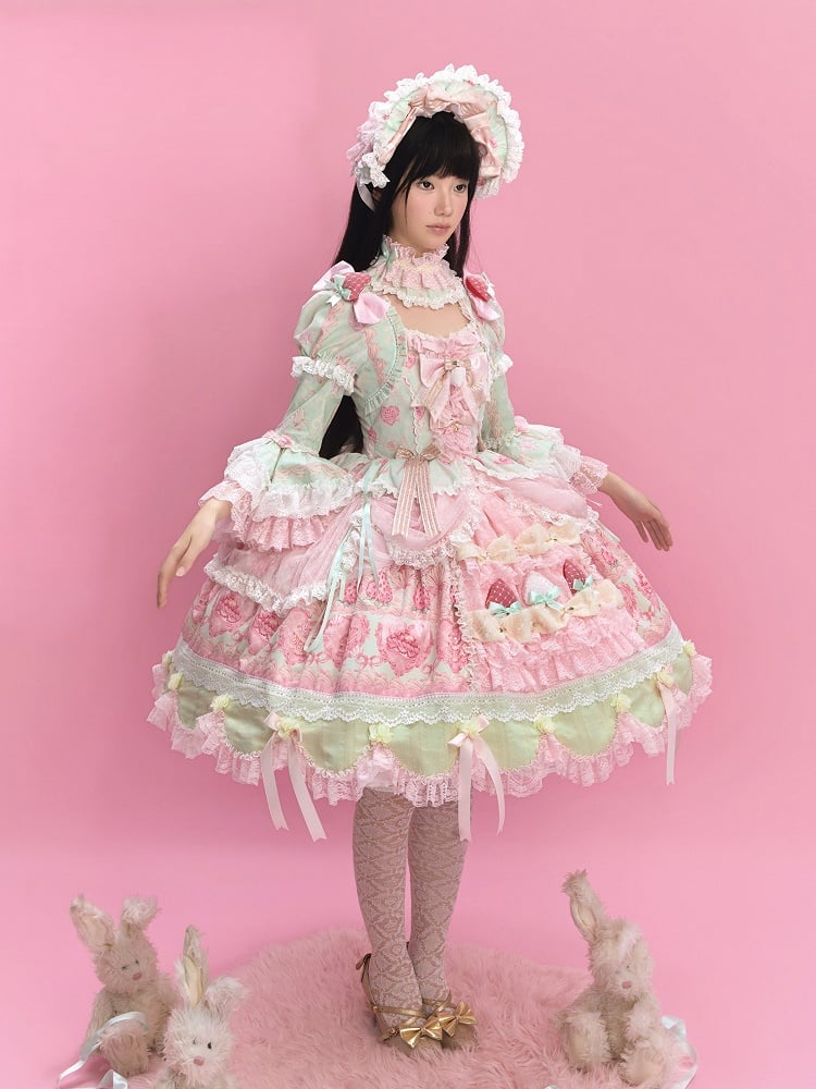 Green & Pink Strawberry Cake Print Bell Sleeve Lolita Dress - Ball Lolita