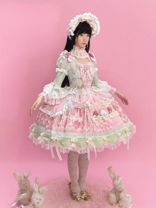 Green & Pink Strawberry Cake Print Bell Sleeve Lolita Dress - Ball Lolita