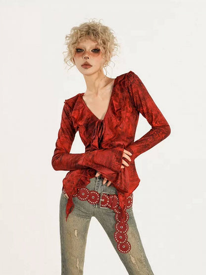 Ruffled Bell Sleeve Red Floral Pattern V-Neck Top