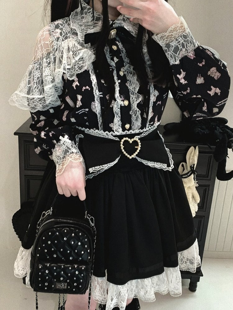 Bow Decorated Skirt with Lace Trim, Jirai Style, 4 Colors - Kitty Bxllet