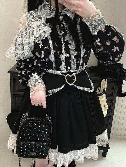 Bow Decorated Skirt with Lace Trim, Jirai Style, 4 Colors - Kitty Bxllet