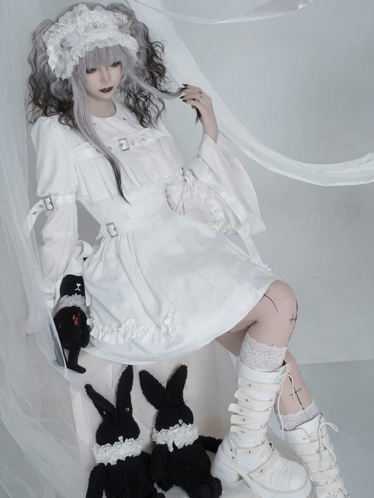 White Gothic Lolita Bell Sleeve Dress with Lace and Metal Buckle Accents - Kuroya