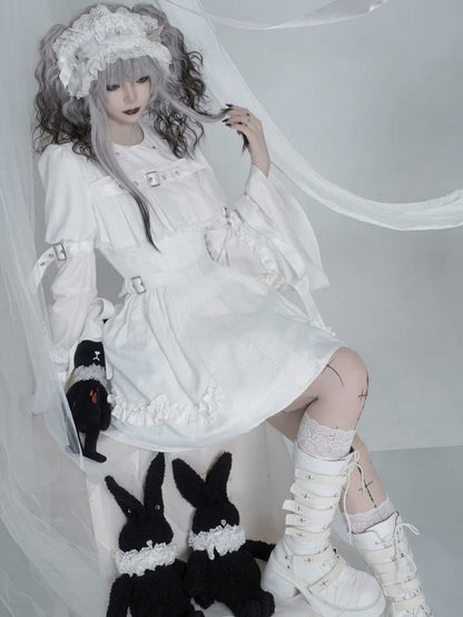 White Gothic Lolita Bell Sleeve Dress with Lace and Metal Buckle Accents - Kuroya