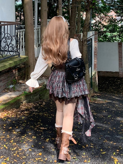 Bishop Dress Pleated Cutout Shoulder and Skirt / Sleeves Plus Size Black Brown with