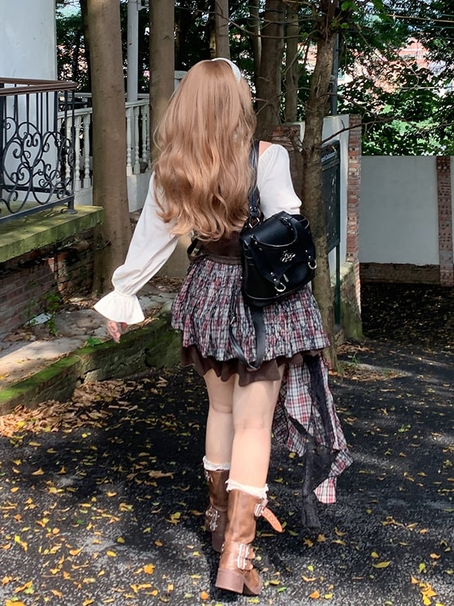 Plaid Waist Accessory with Cascading Ruffles Size Black Plus Brown /