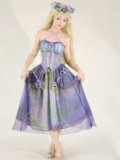 Fee Ölgemälde Lila Stufen Volant Saum Neckholder Korsett Top Print