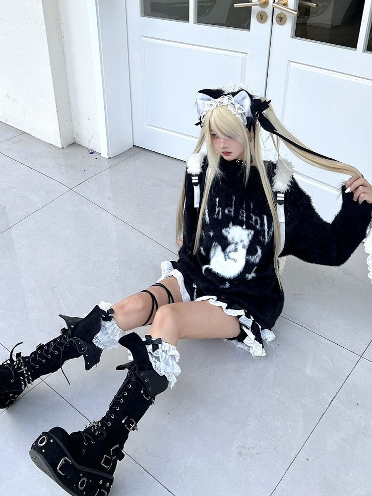 Sweater Black/White with Distress Kitten Plush Design Trim Devil and