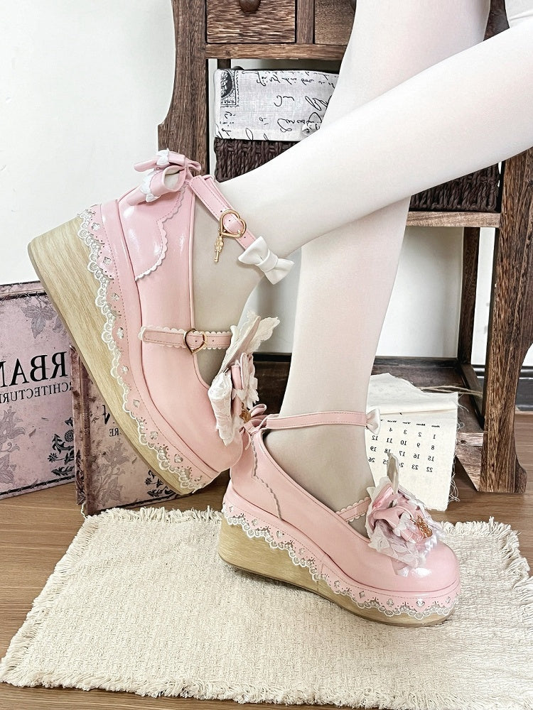 Pink Bowknot Heart Lace Trim Lolita Shoes with Rabbit Detail - Cheese Mango