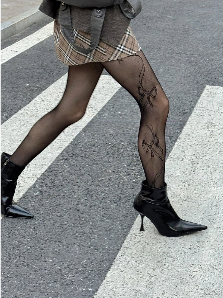 Pantyhose Sheer Bow Embroidery
